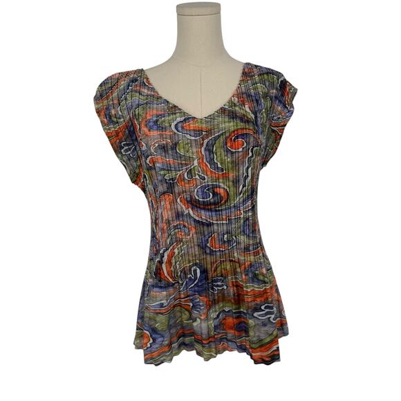 Vintage Y2K Euro Printed Top Milano Printed Plisse Pleated Sleeveless Blouse M - Picture 1 of 8